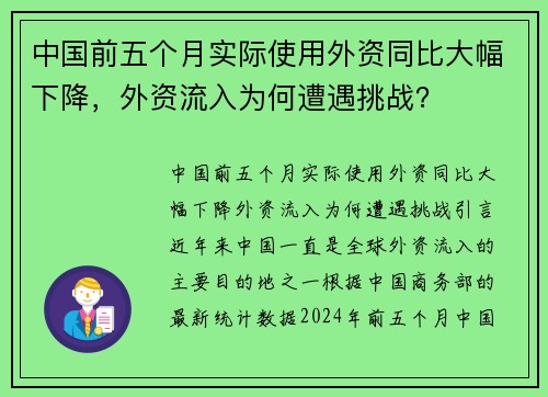 中国前五个月实际使用外资同比大幅下降，外资流入为何遭遇挑战？