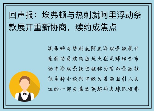 回声报：埃弗顿与热刺就阿里浮动条款展开重新协商，续约成焦点