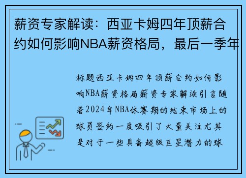 薪资专家解读：西亚卡姆四年顶薪合约如何影响NBA薪资格局，最后一季年薪突破美元